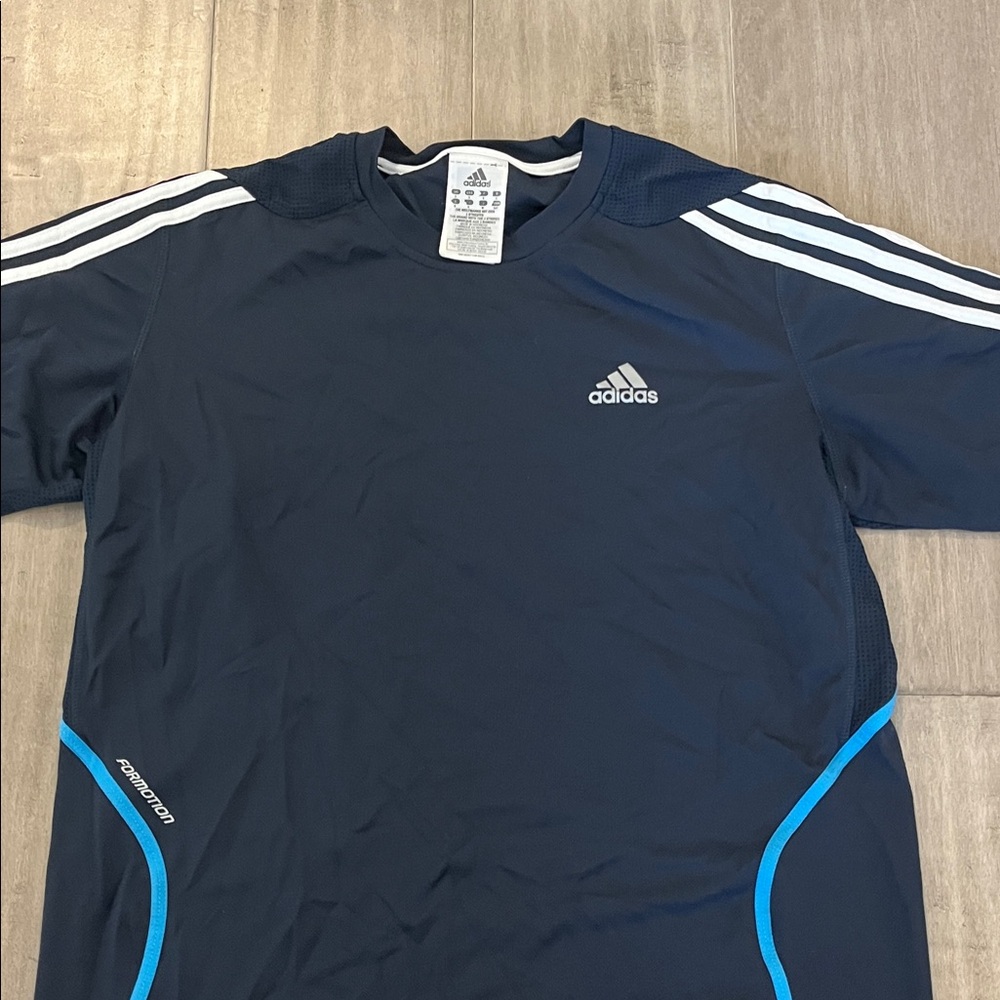 adidas Navy Athletic Tee with White Stripes and Blue Trim